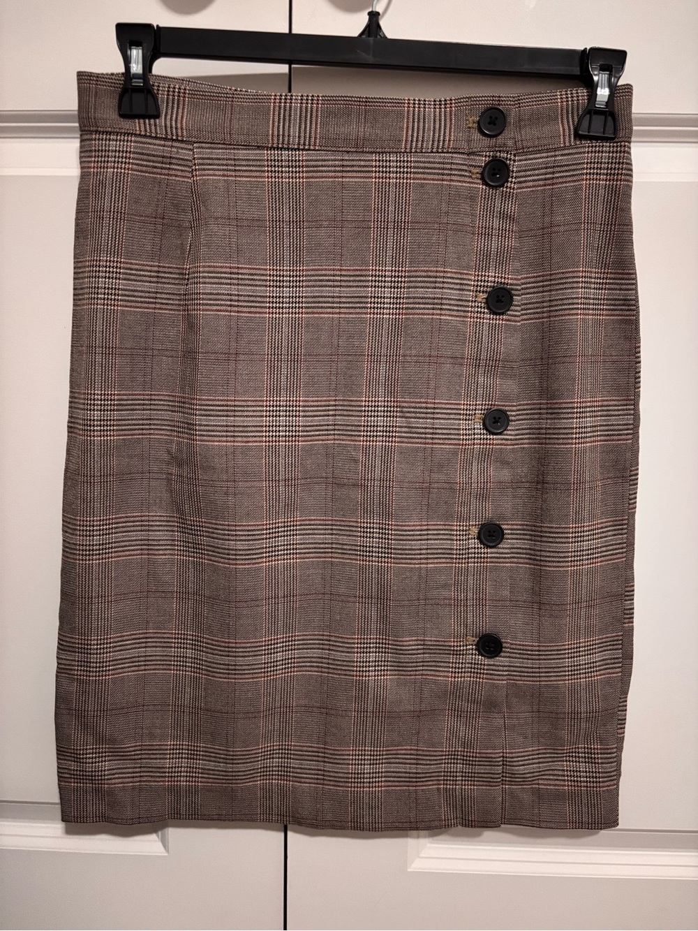 H&M Brown Plaid Button-Detail Pencil Skirt